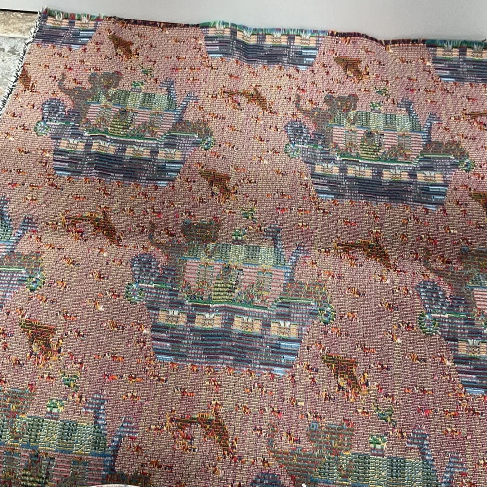 Vintage Noahs Ark Woven Tapestry Fabric Remnant Green Animal Print 26x29